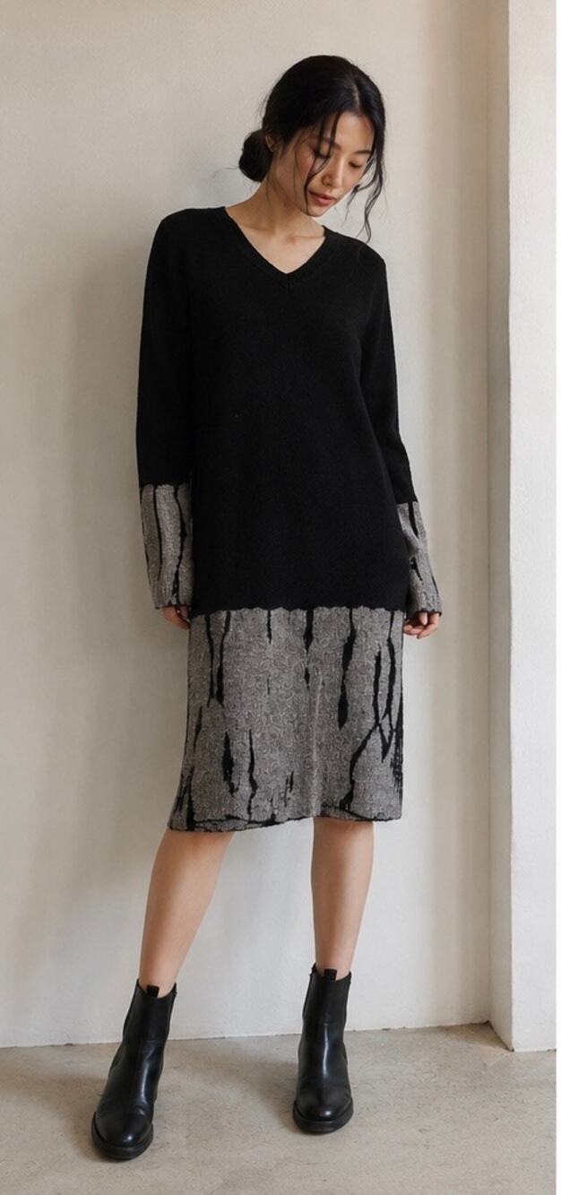 Suzusan 100% Cashmere Black Gray Knit Sweater Dress Size S Made in Japan